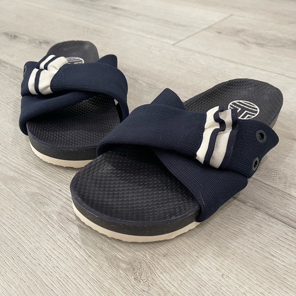 Tory Burch Navy Blue Slides Fabric Strap with Ruffle detail